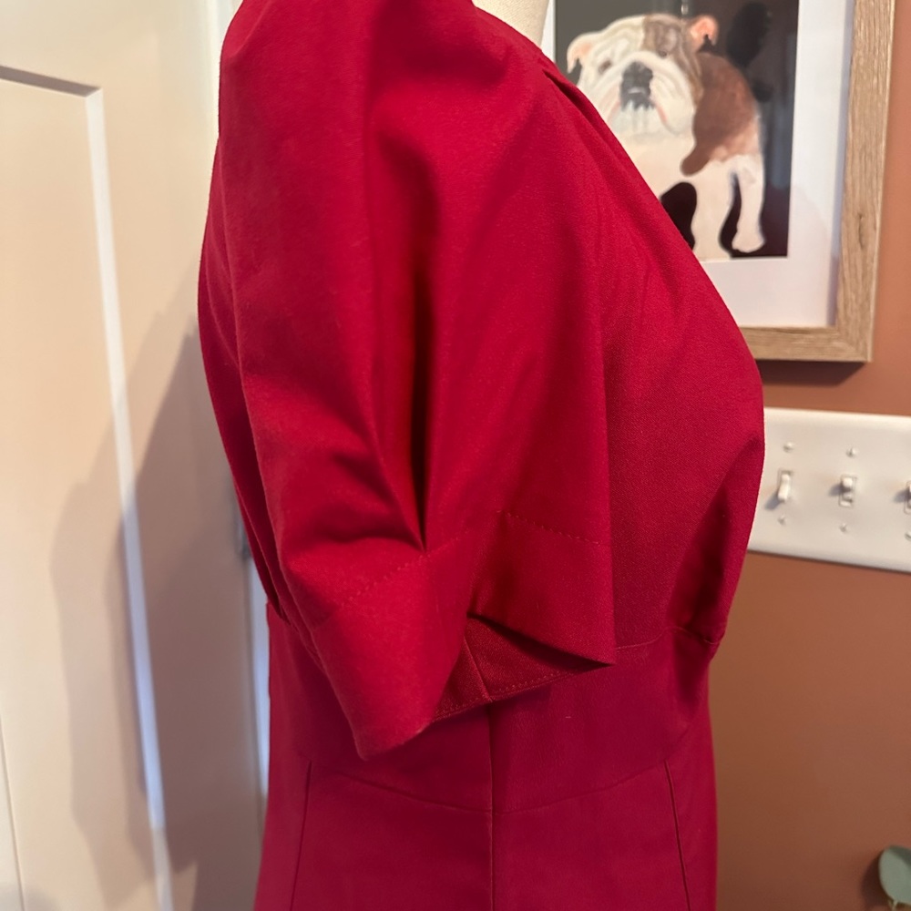 ASOS cranberry fitted puff sleeves back zipper back slit 8 midi pleats dress - Picture 6 of 14